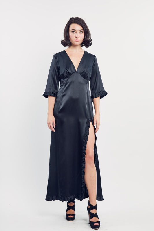 Woman wearing the Maria Cecilia Black Silk Sleeping Gown, front view