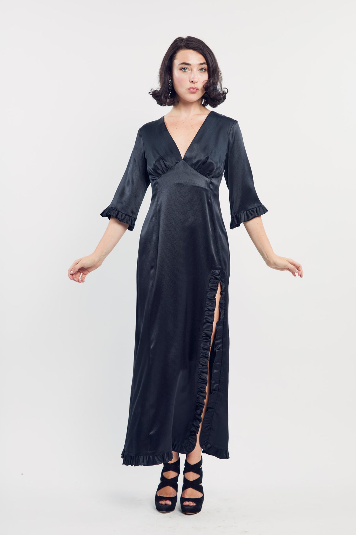 Woman wearing the Maria Cecilia Black Silk Sleeping Gown, front view