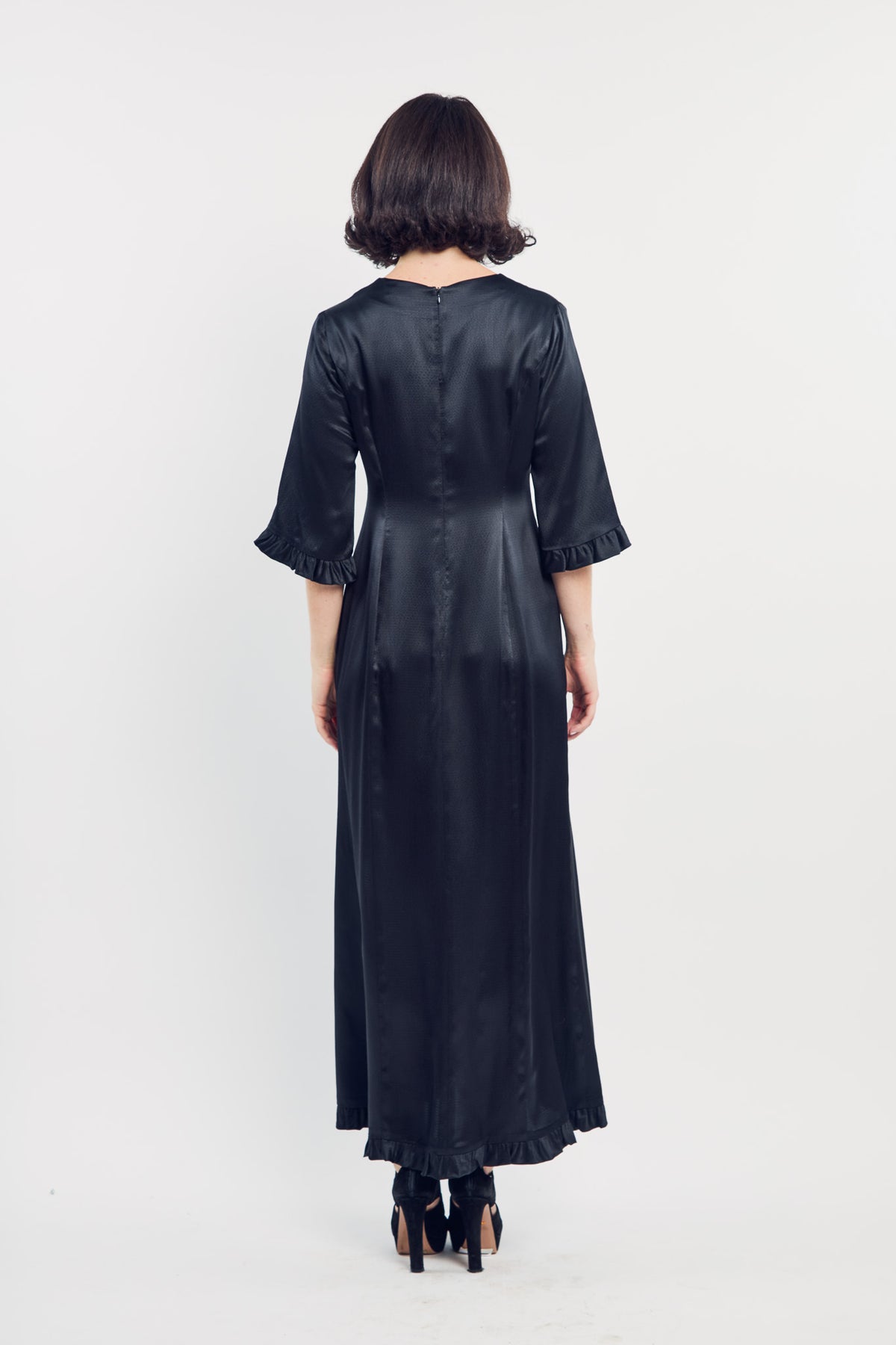 Black Silk Sleeping Gown shown on model, back view