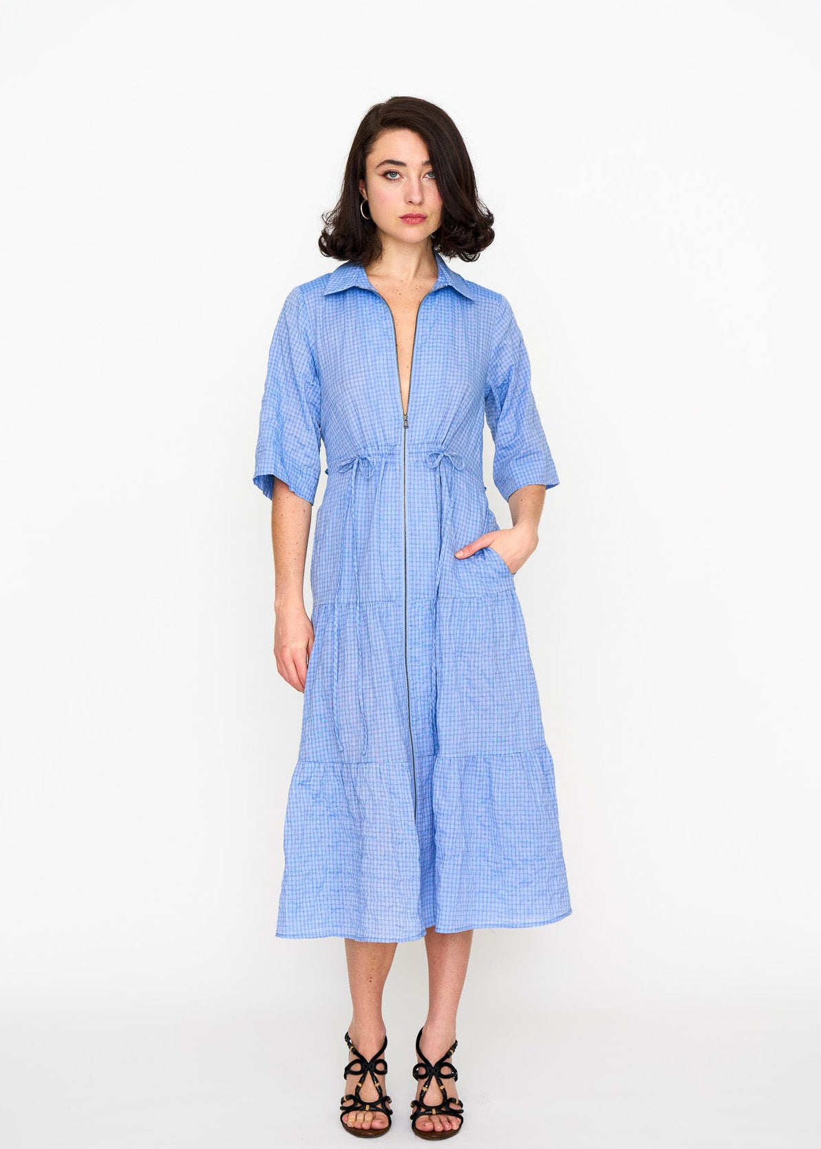 Chambray Dame Dress shown on model, back view
