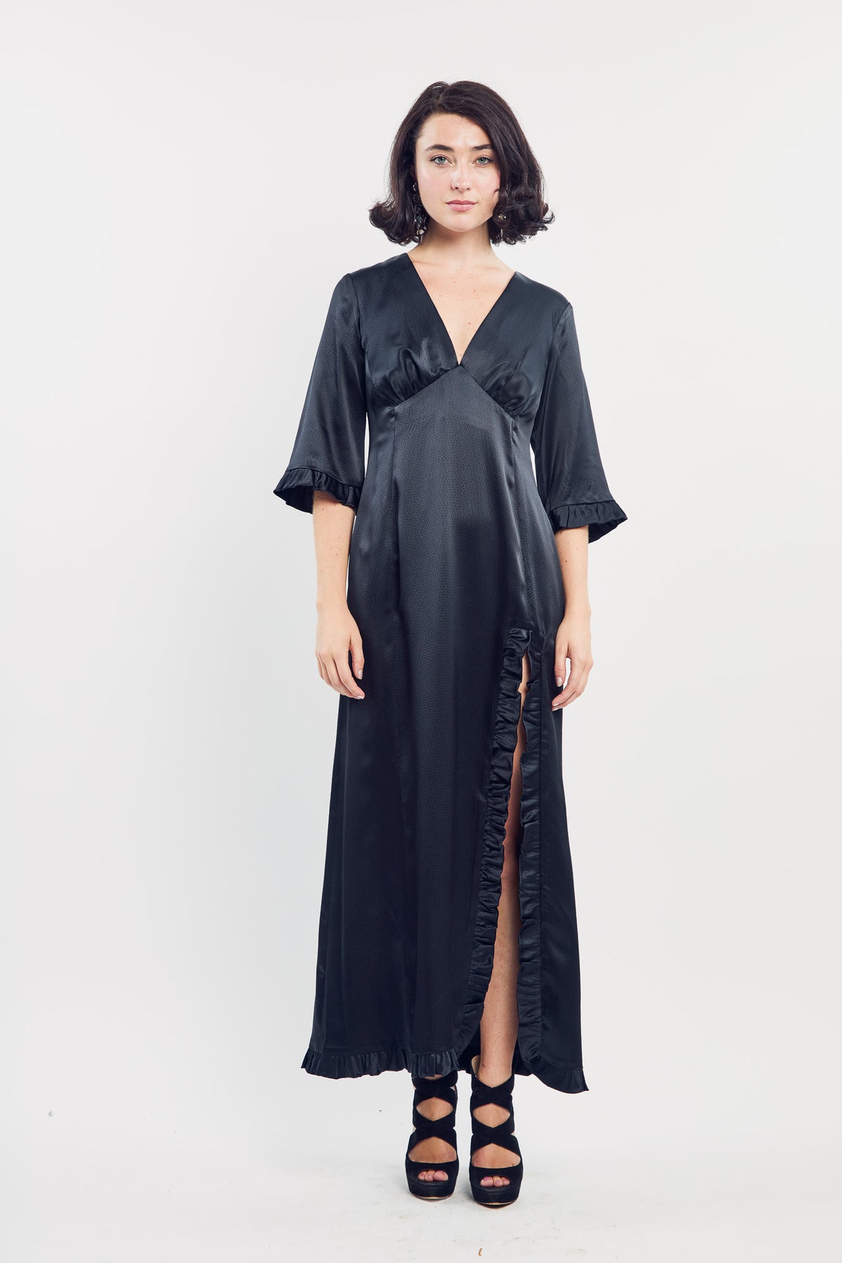 Woman wearing the Maria Cecilia Black Silk Sleeping Gown, front view