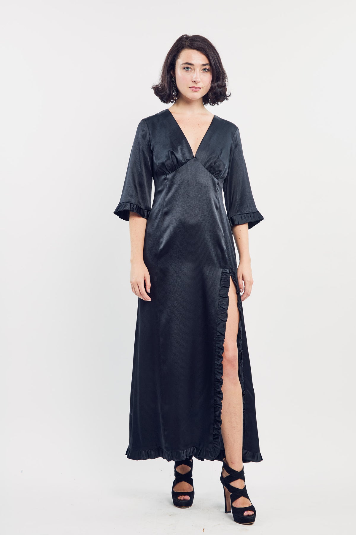Woman wearing the Maria Cecilia Black Silk Sleeping Gown, front view