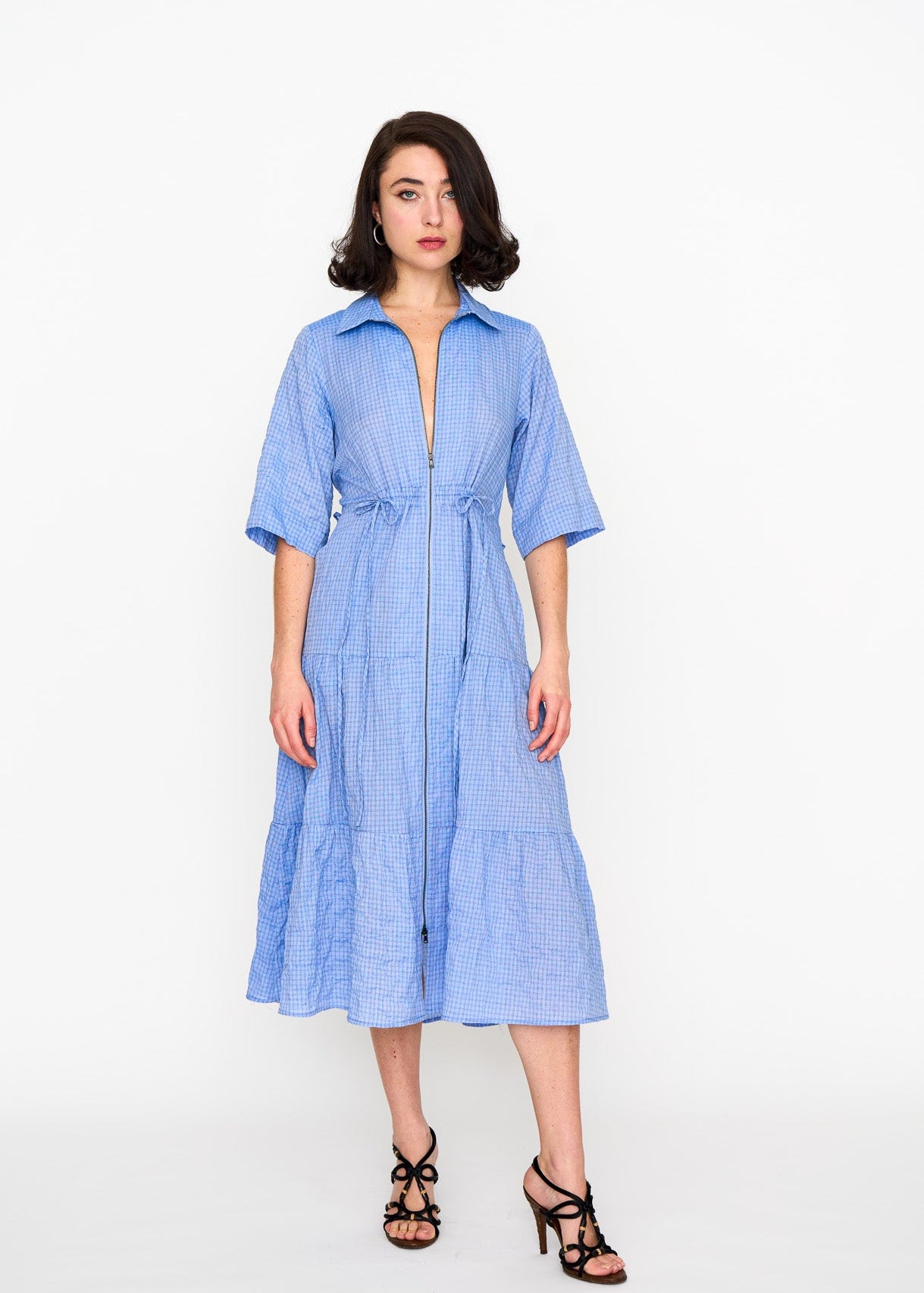 Chambray Dame Dress shown on model, detail view