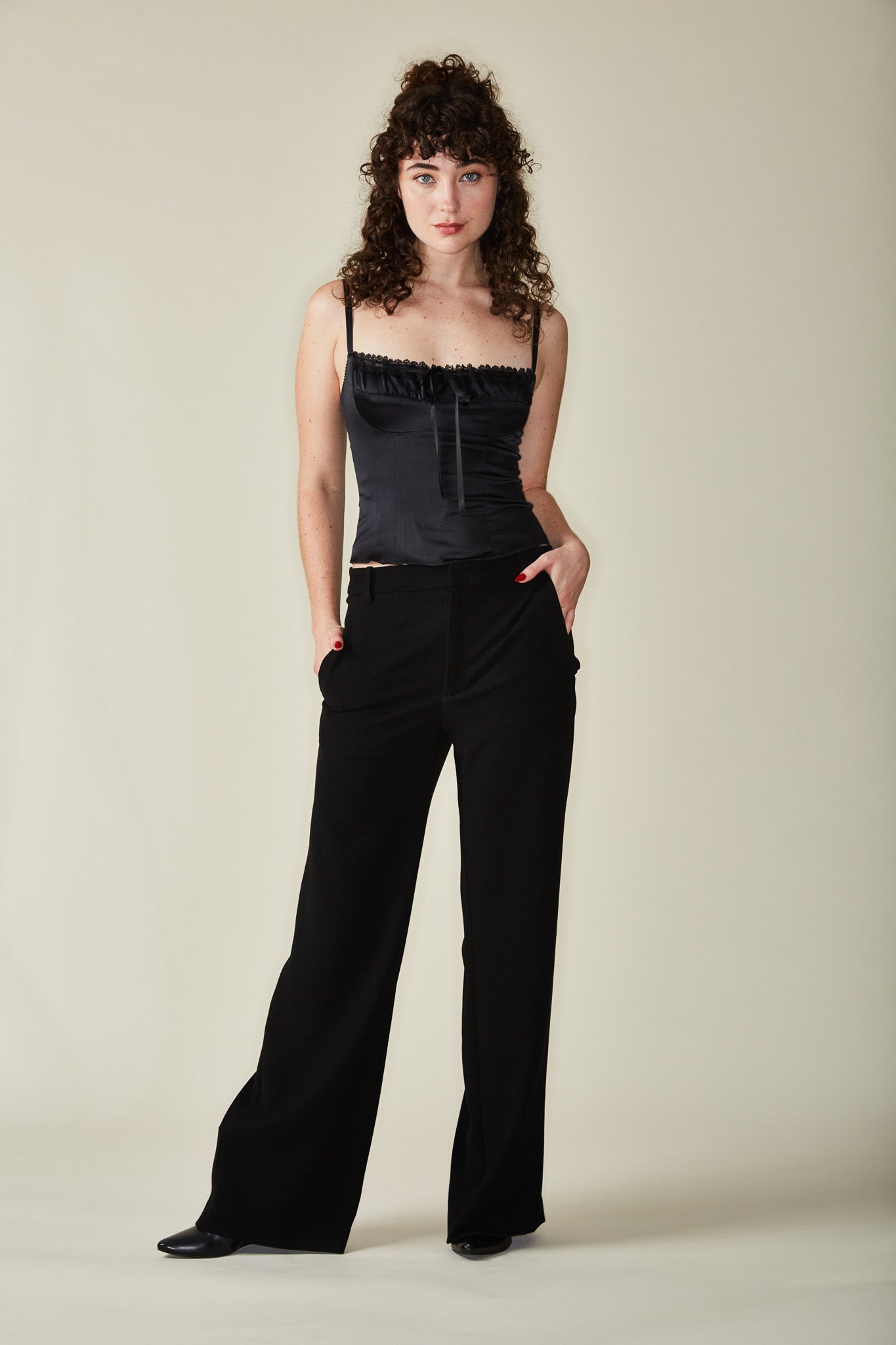 black silk camisole with ribbon tie front