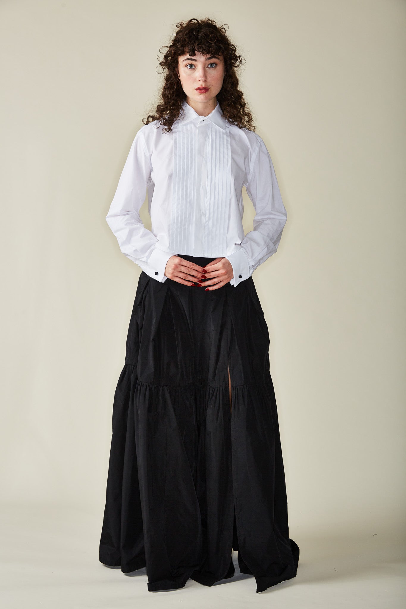 Womens black ball skirt with a women's tuxedo shirt