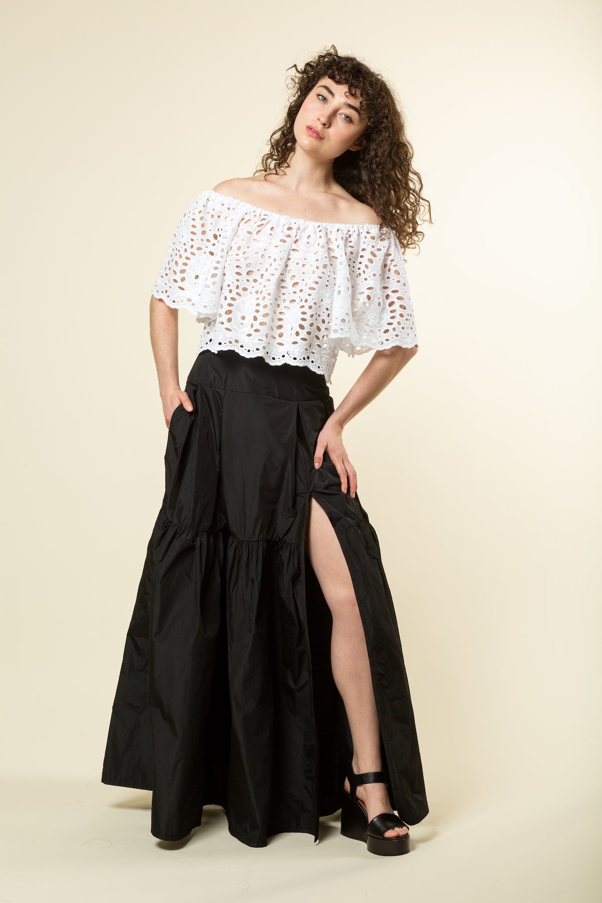 Black ball skirt with white cotton eyelet top