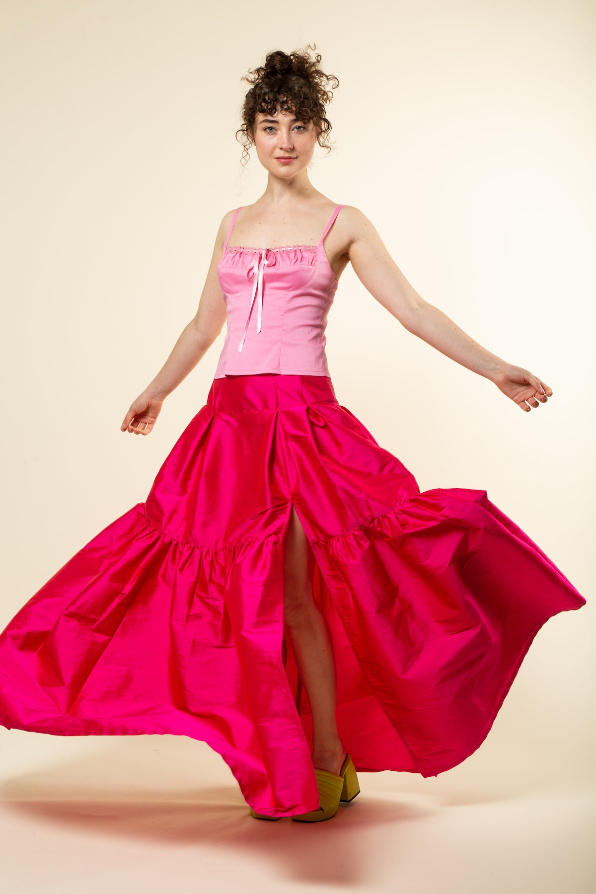 pink tiered taffeta skirt