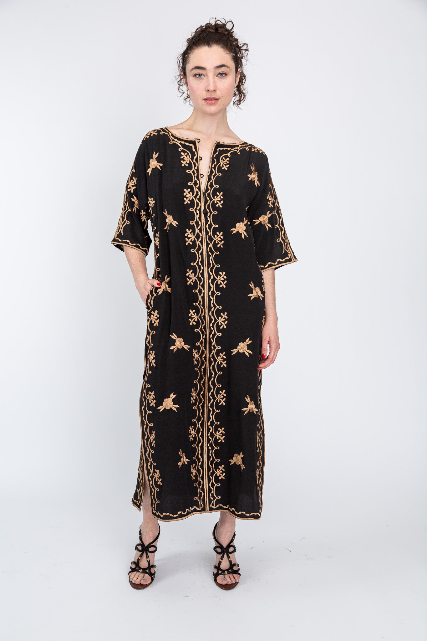 Black/Almond  Silk Maxi Caftan