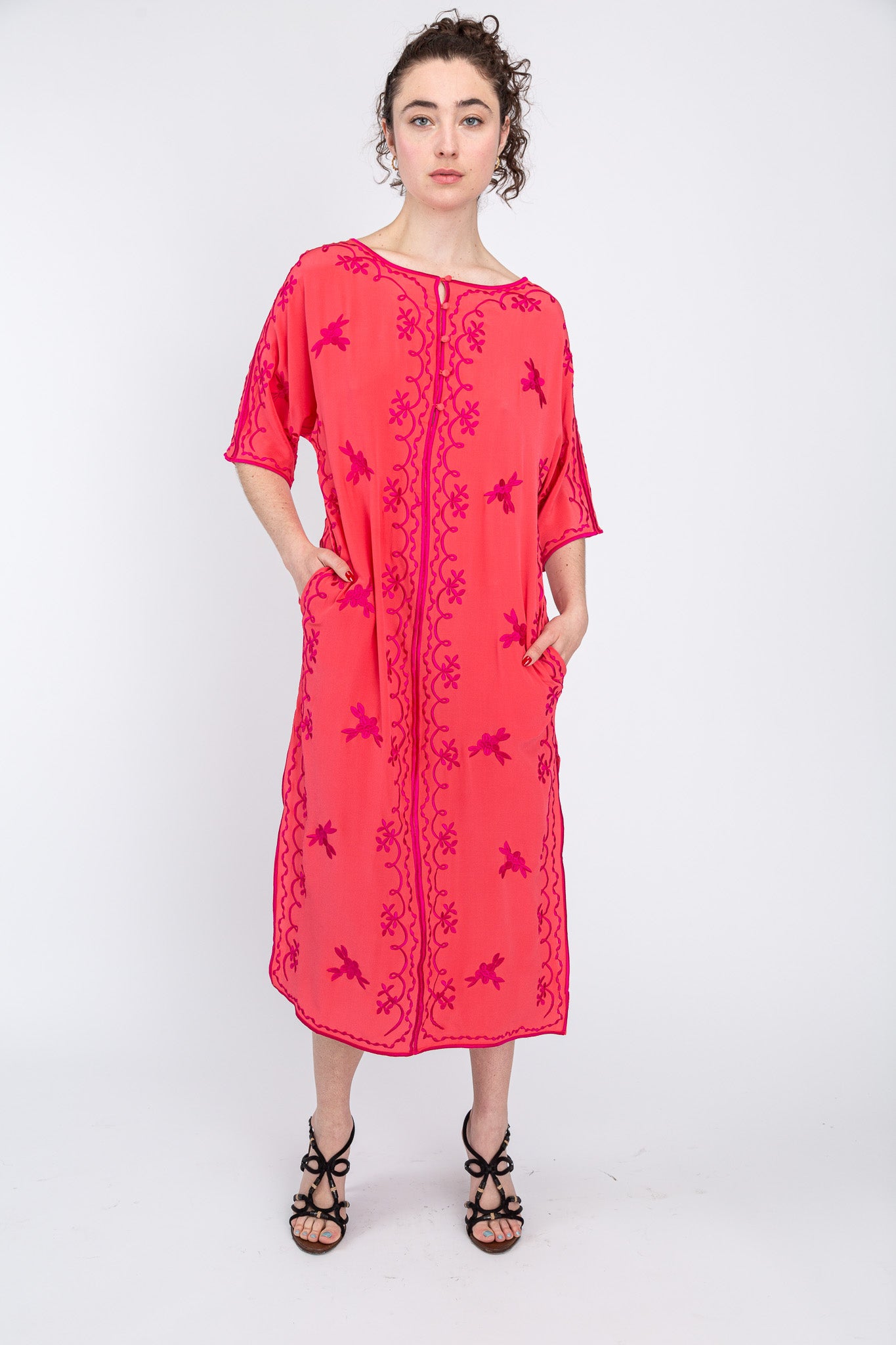 Fuchsia/ Tangerine Silk Maxi Caftan