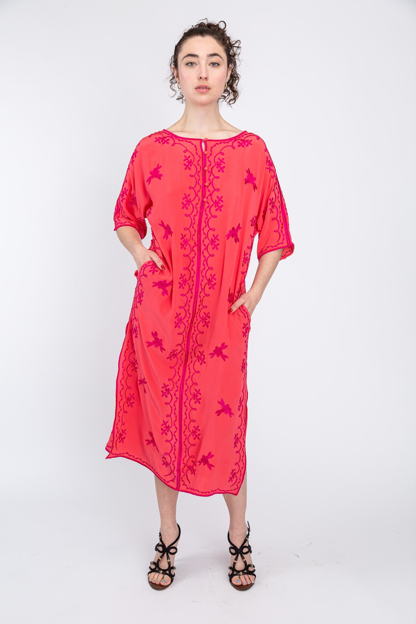 Fuchsia/ Tangerine Silk Maxi Caftan