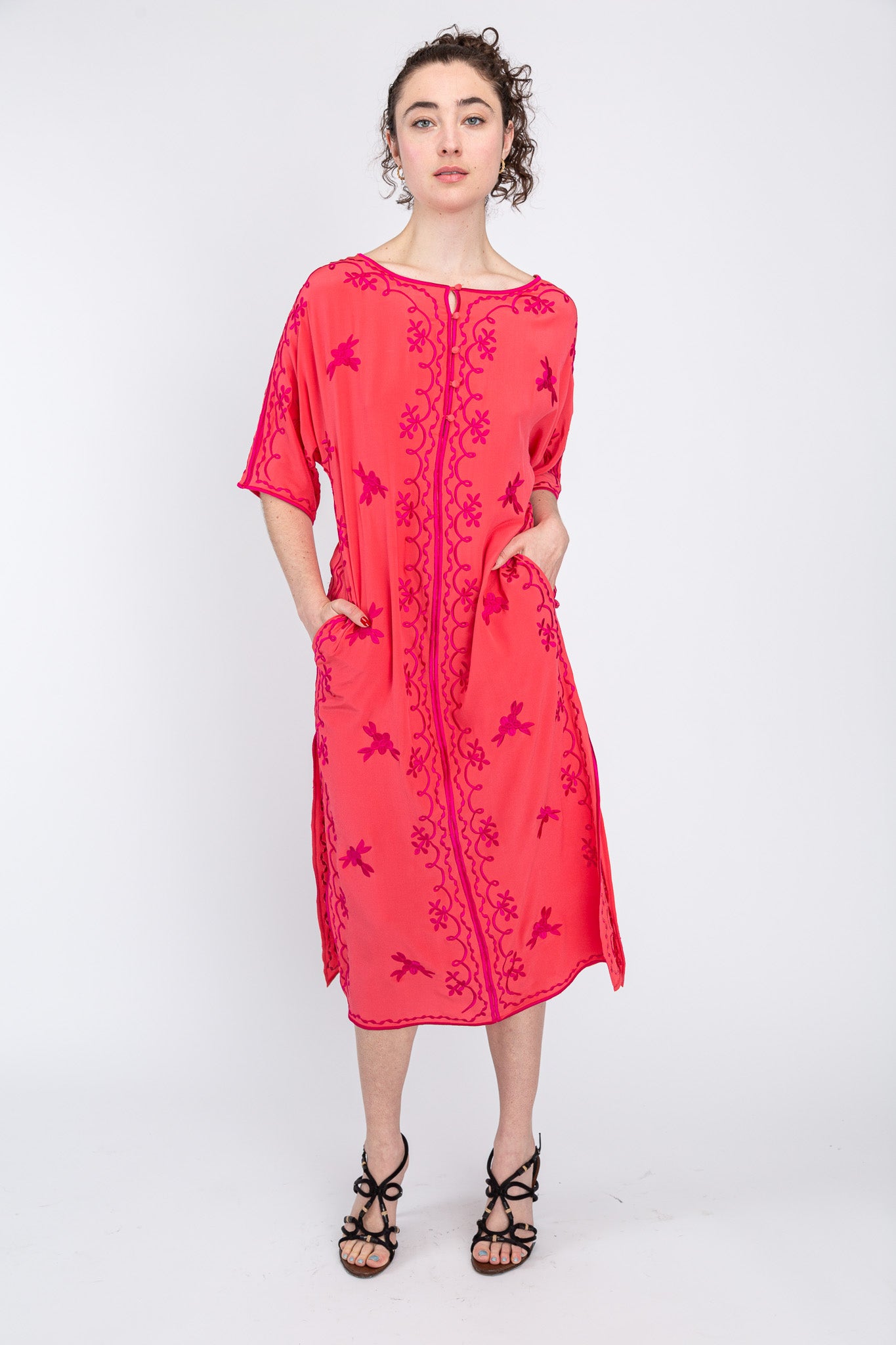 Fuchsia/ Tangerine Silk Maxi Caftan