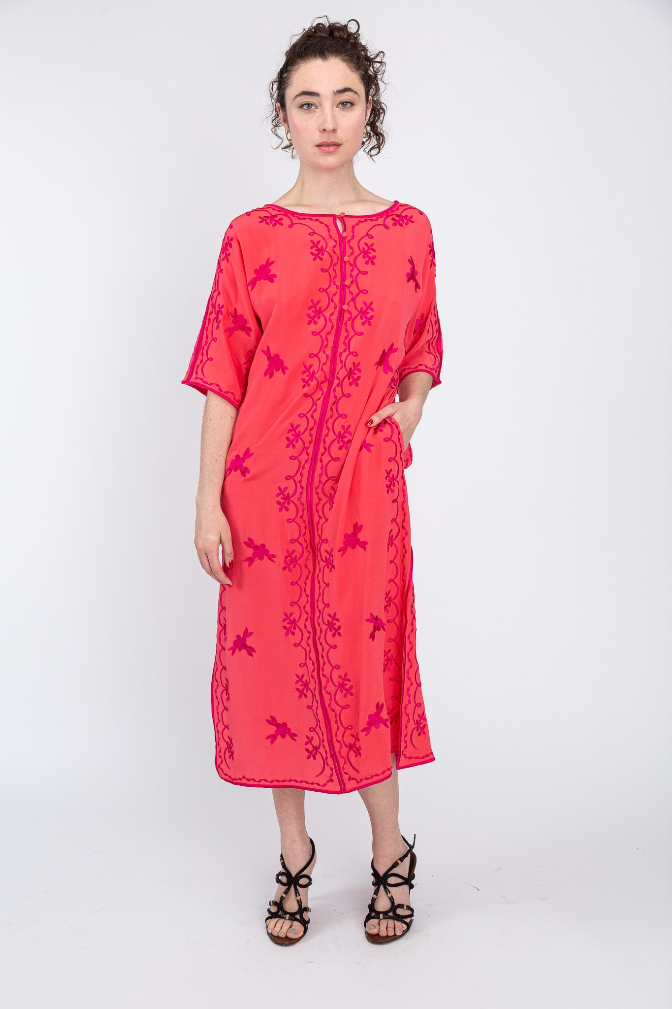 Fuchsia/ Tangerine Silk Maxi Caftan