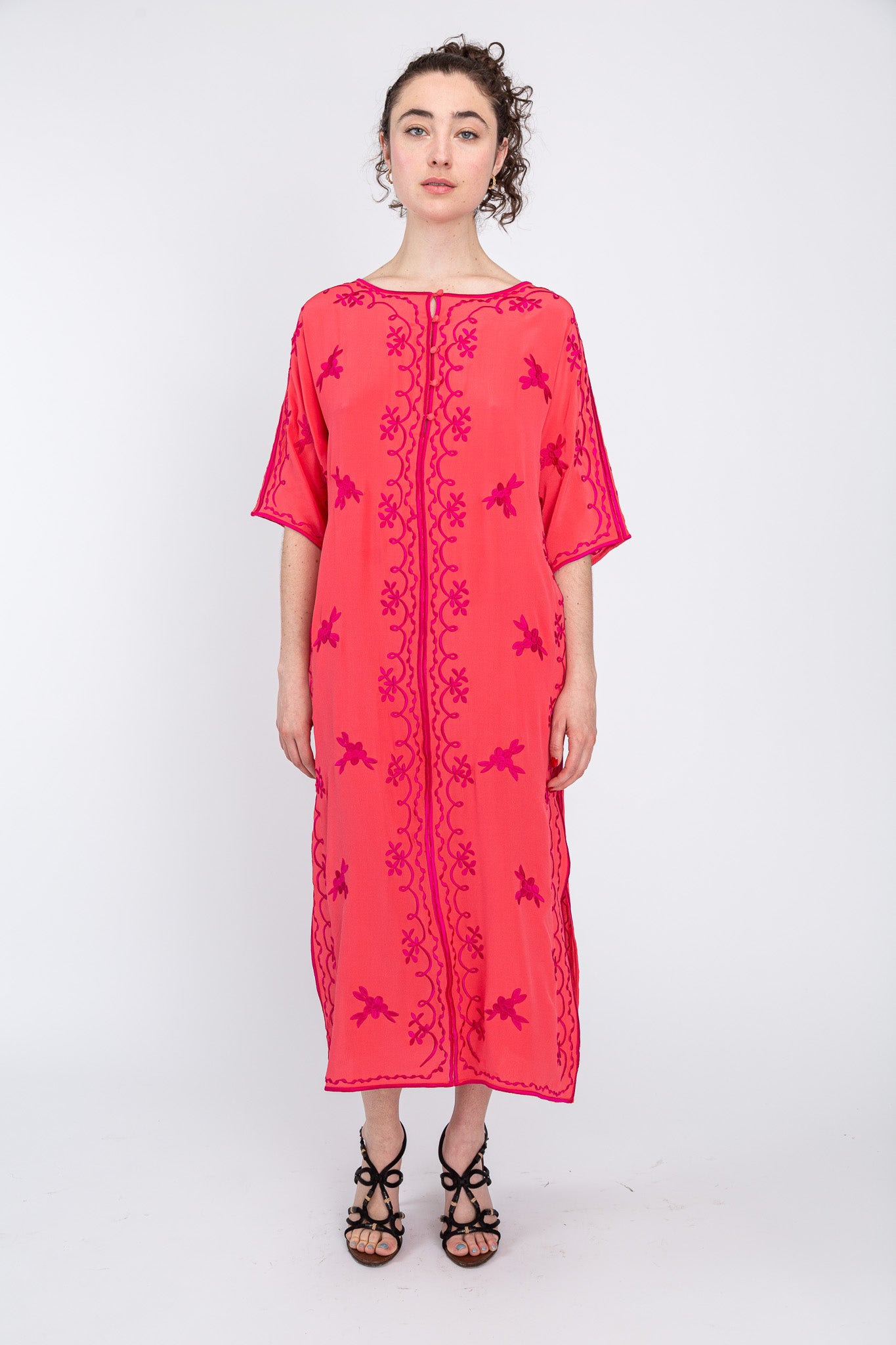 Fuchsia/ Tangerine Silk Maxi Caftan