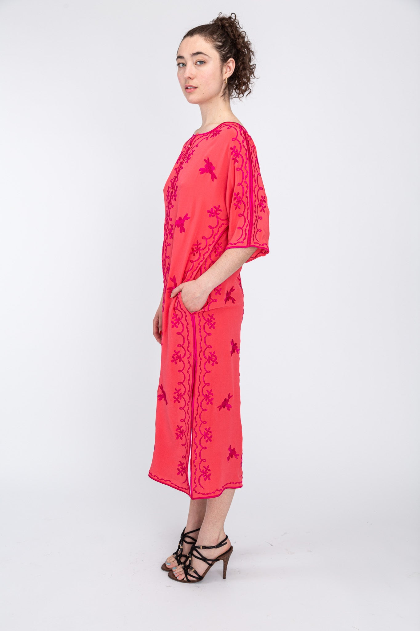 Fuchsia/ Tangerine Silk Maxi Caftan