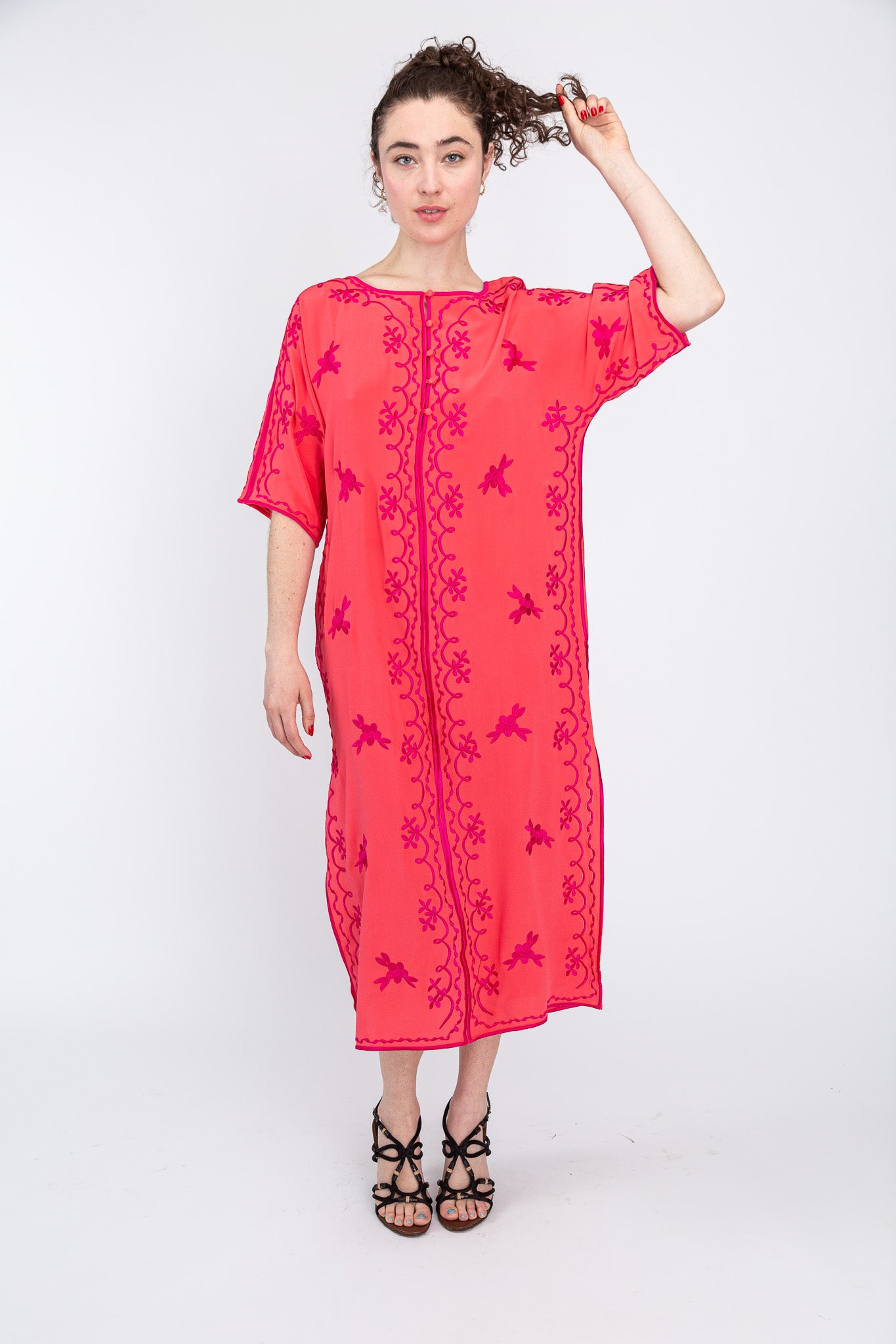 Fuchsia/ Tangerine Silk Maxi Caftan