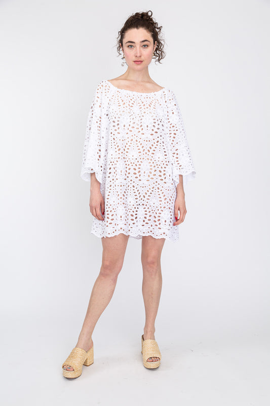 white cotton eyelet mini dress