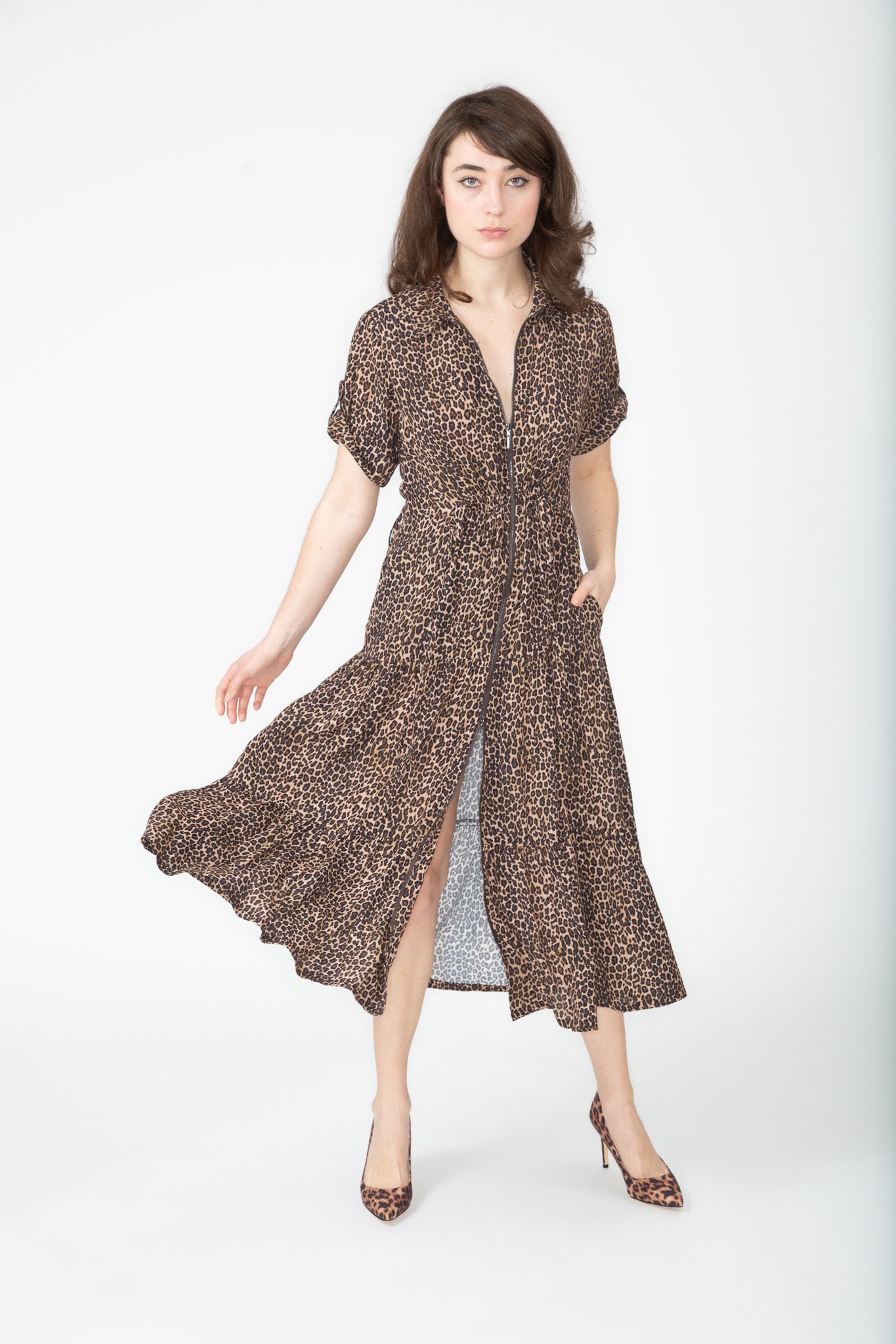 zip front leopard day dress