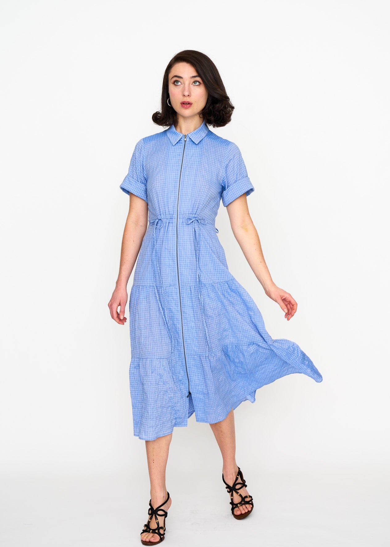 Woman wearing a light blue Japanese cotton Chambray dress.